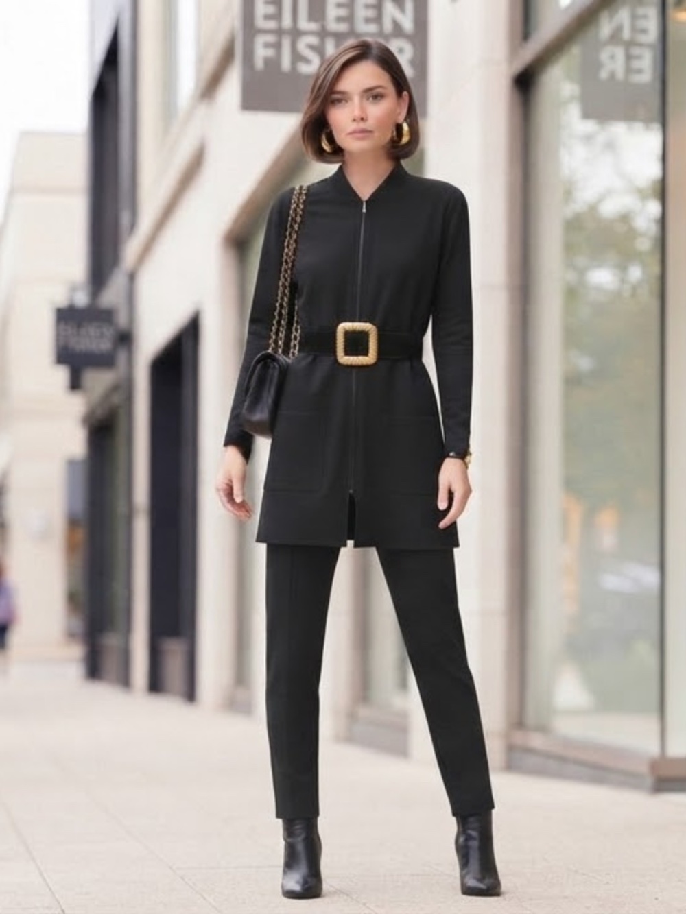Eileen Fisher Black Zip-Front Long Knit Jacket Size XS